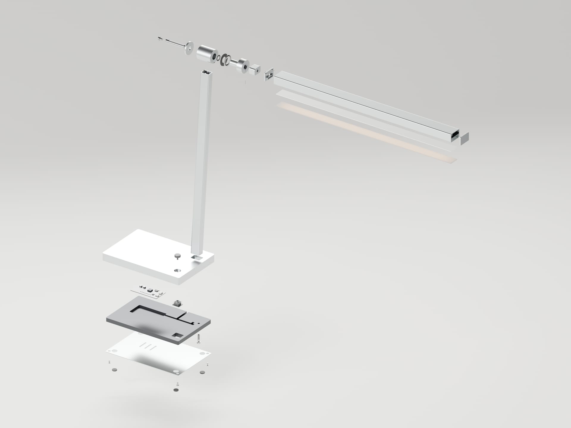 Exploded view of L01: the base plate, ballast, circuit board and cover below, the support, hinge components and head extrusion with diffuser above.
