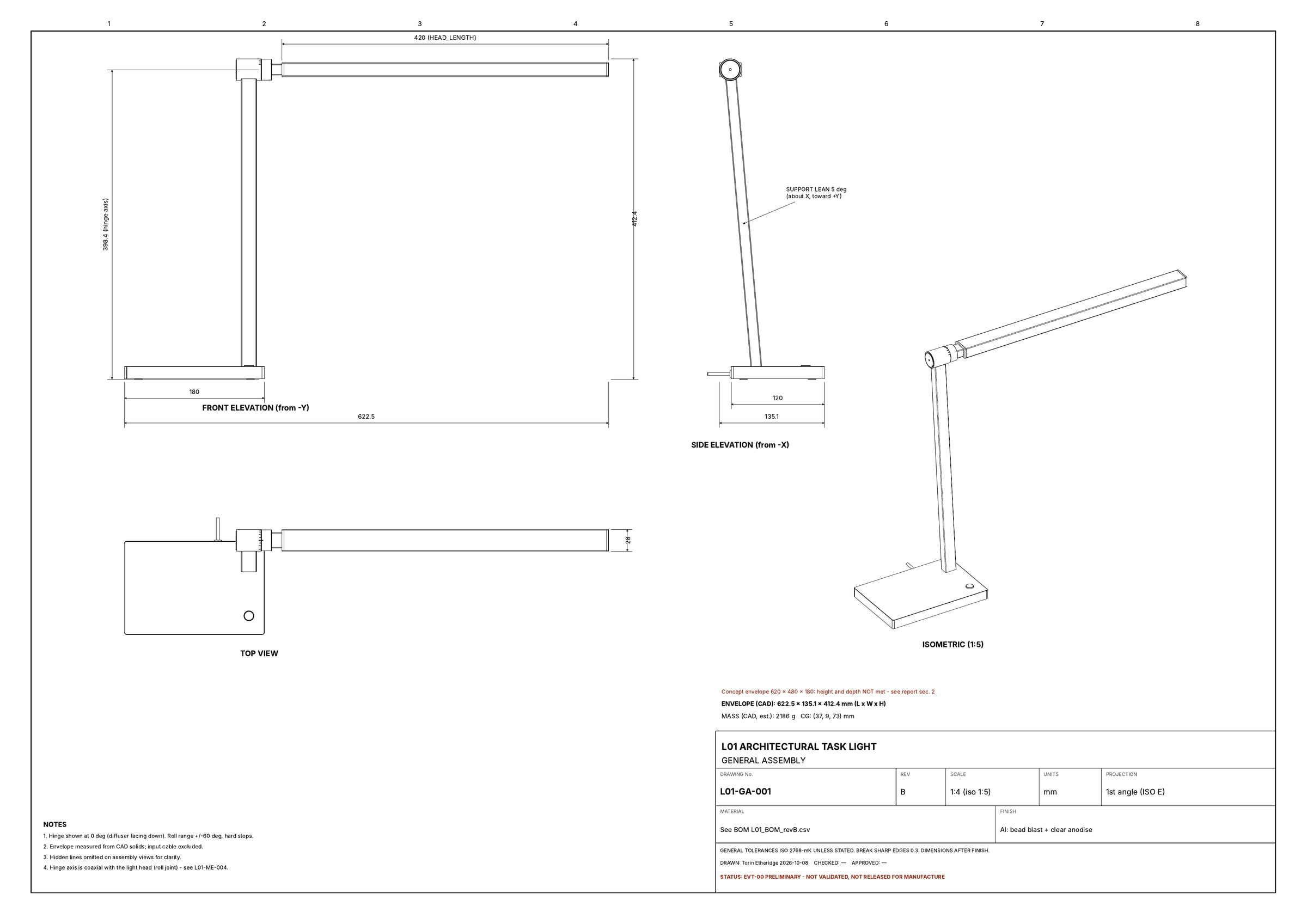 Technical drawing, sheet 1 of 6: general assembly with front and side elevations, top view, isometric view and overall dimensions.