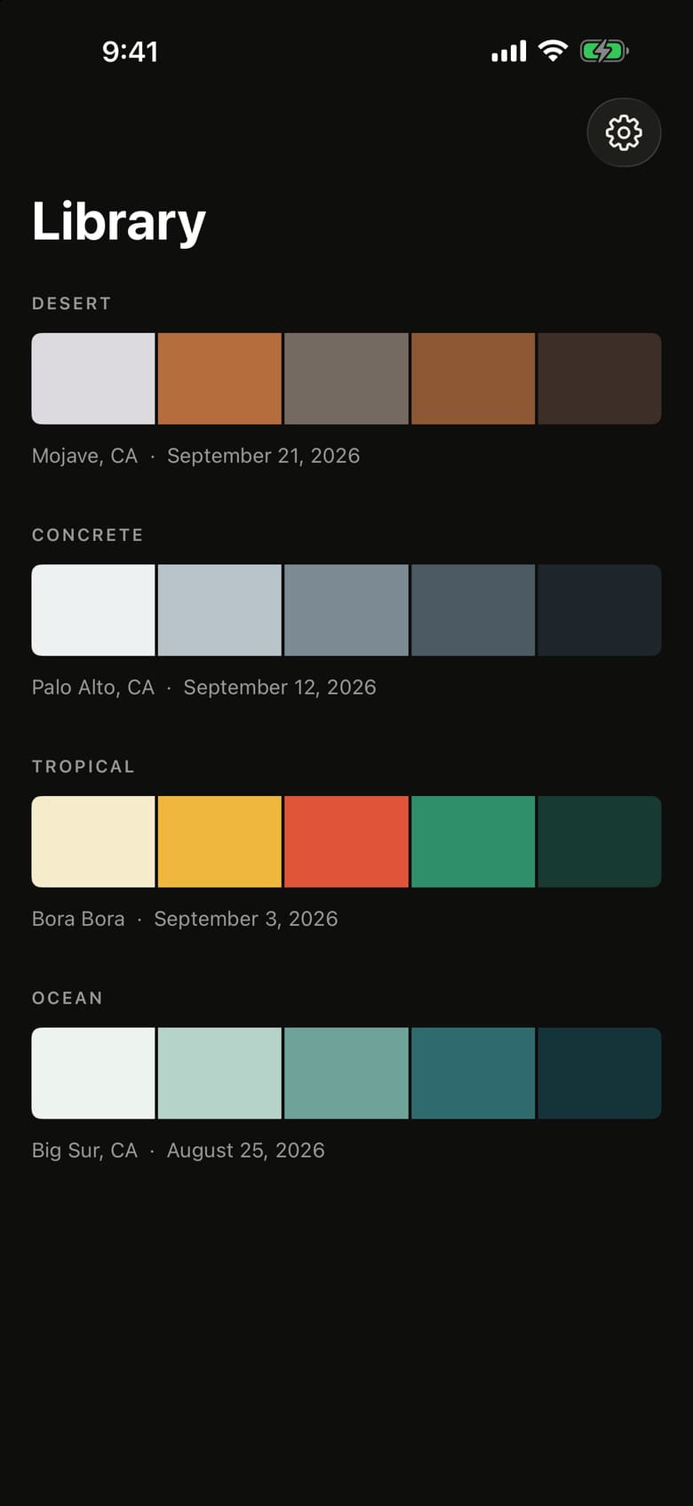 The Palet Library listing four palettes: Desert, Concrete, Tropical and Ocean
