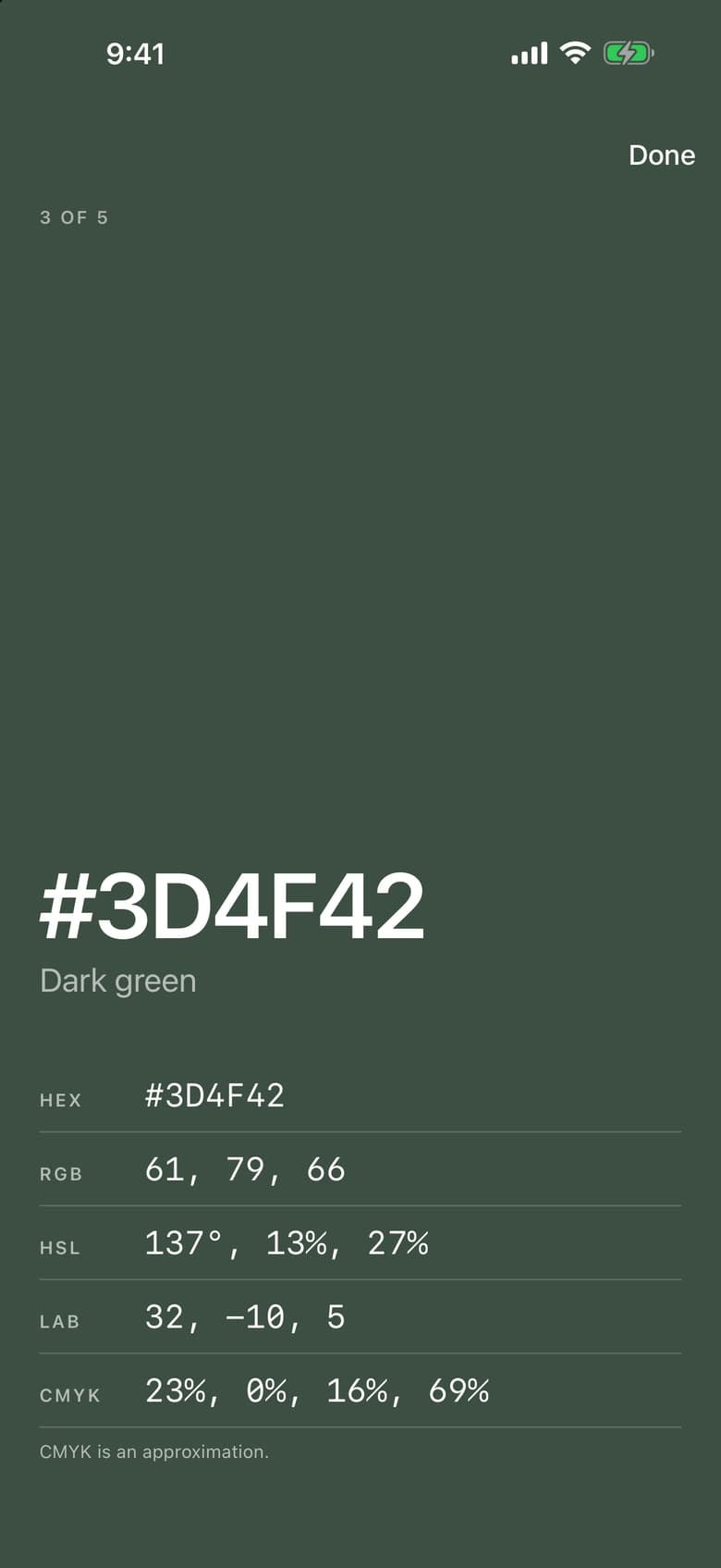 Palet detail screen for the color 3D4F42 listing its HEX, RGB, HSL, LAB and CMYK values