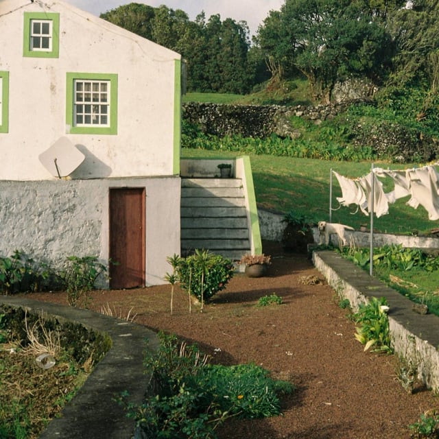 Original photograph: a white house with green window trim above a garden path and a clothes line
