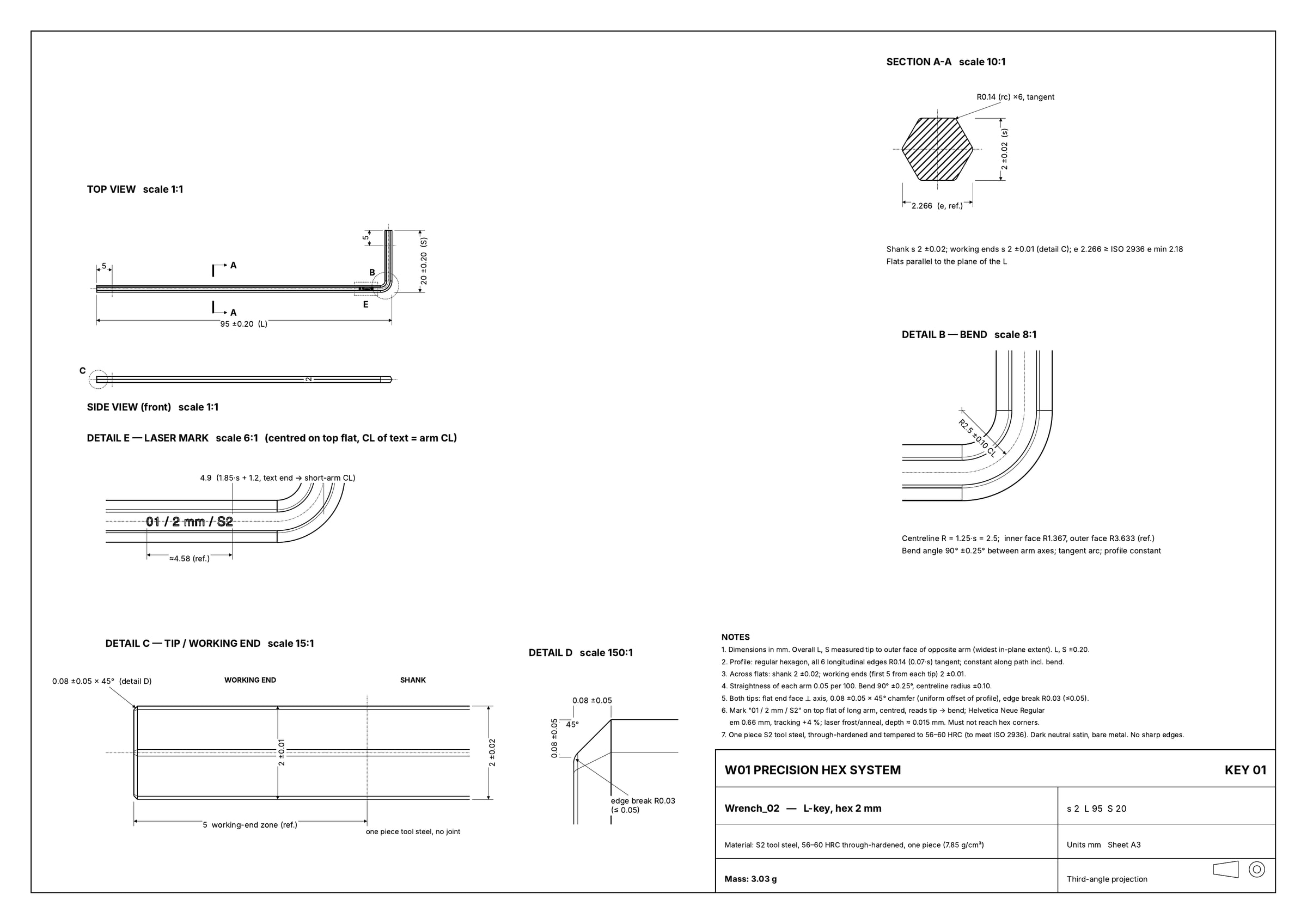 Technical drawing, sheet 1 of 7: the 2 mm wrench.
